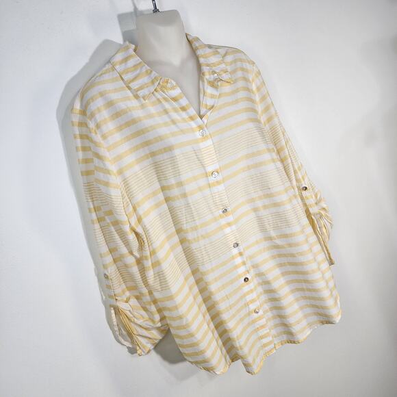 Chicos Shirt Women 2 US Large Button Yellow White Stripe Cotton Long Roll Sleeve - Picture 4 of 10